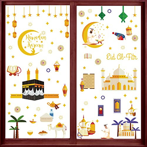 Ramadan Fensterbilder, 196 Stück Ramadan Fensterdeko Eid Mubarak, Fenstersticker Ramadan Kareem Selbstklebend Aufkleber Fenster Deko Dekorationen für Zuhause, Fensteraufkleber für Muslim Mubarak Party