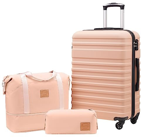 COOLIFE Valise, Valises Rigide Valise Soute, Sets de Bagages Comprend 1 Sac de Voyage et 1 Trousse de Toilette, Cadenas TSA pour Les Voyages, Rose, Set de 3 Valises (24)