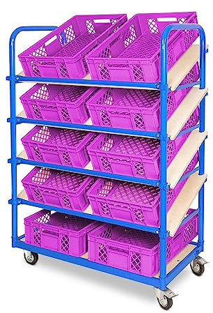 BRB Schrägboden-Regalwagen mit 5 Ebenen, bestückt mit 10 Euroboxen BxTxH 600x400x150 mm, durchbrochen, BxTxH 1050x500x1450 mm (pink)