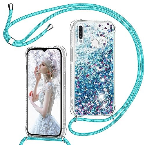 TUUTPU Handyband für Huawei P30 Lite Hülle mit Band, Glitzer Treibsand Handyhülle mit Kordel zum Umhängen Transparent Stoßfest Schutzhülle mit Kette Schnur, Quicksand Necklace Case in Blau