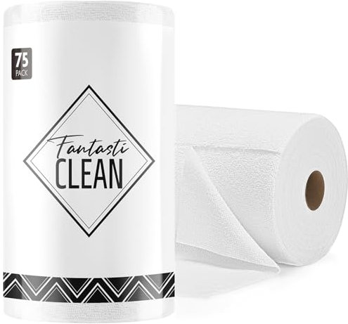 Fantasticlean Mikrofaser Reinigungstücher, 75 Stück pro Rolle Abreißbare Putztücher, Wiederverwendbare Fusselfreie Lappen für Auto, Küche und Haus 30x30cm-Reinweiß