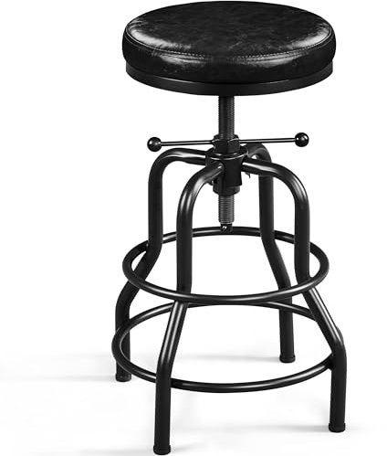 Yaheetech Tabouret de Bar Industriel en Similicuir Tabouret Haut Rond Réglable en Hauteur avec Deux Repose-Pieds Chaise de Cuisine avec Cadre en Métal pour Cuisine Restaurant Bistrot Noir