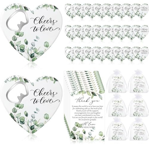 Maxcheck Herzförmiger Flaschenöffner für Hochzeit, Kühlschrankmagnet, Dankeskarte und Organza-Beutel, Brautparty, Geschenke für Hochzeitsgeschenke (50 Sets)