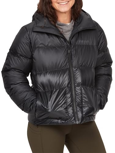 Marmot Women's Guides Down Hoody, Lightweight down jacket, warm winter puffy, water-repellent quilted coat, windproof functional jacket, packable outdoor jacket with hood, Black, L