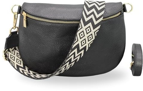 BRISE Bauchtasche Damen Echtleder AFIA Gold Handgemachte Umhängetasche Crossbody Bag mit Ledergurt + Optionalen Breiten Gemusterten Riemen 3 Fächer Hüfttasche Made in Italy (Schwarz-Gold 3)