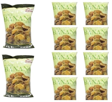 Saras Pepper Banana Chips 200g (Pack of 10) | Spiced to Perfection South Indian Snack | Crispy Delight with Authentic Flavour