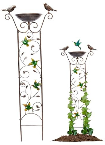 Vogeltränke mit Garten Rankgitter 2-in-1 Metall Vogel Wasserspender Abnehmbarer stehender Vogel Wasserspender Retro Stehender Vogelfutterspender für Outdoor Garten Dekor Kolibri