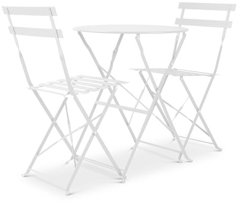 Bravich - 3 Piece White Foldable Bistro Set with Foldable Table and Chairs. Powder Coated Steel Frame, Easy to Transport Garden Furniture For Your Garden, Balcony or Patio.