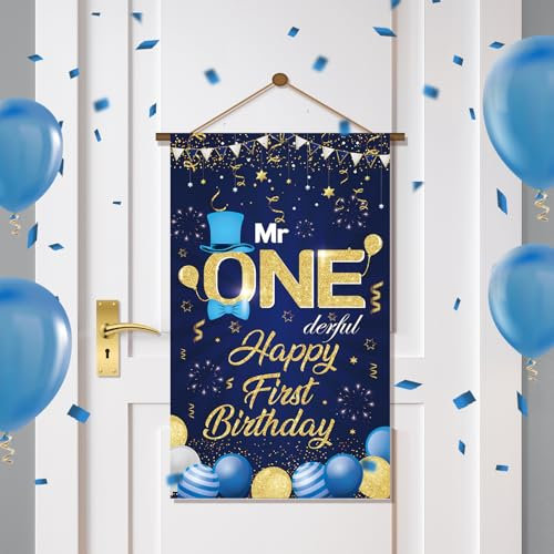 Mr. Onederful 1st Birthday Door Sign Banner Decorations for Boys - Blue Gold Happy First Birthday Porch Front Sign Hanger for Baby Shower, Cruise Ship Decor Party Supplies