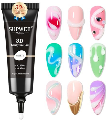 SUPWEE 3D Gel Nail Art, No Wipe 30G White Sculpting Nail Rhinestone Gels for Nail Art Carved Nail Polish Molding Candy Gel Nail Decoration DIY at Home