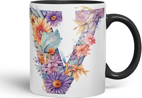 Letter V Mug, Floral Flowers Butterfly Alphabet Letter V Monogram Watercolour Ceramic Coloured Mug Cup for Tea Coffee Hot Brew 330ml 11Oz Gift (Black)