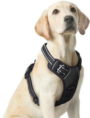 Funfox Hundegeschirr Mittelgroße Hunde, Anti Zieh Hundegeschirr Verstellbares Brustgeschirr, Anti Zug Geschirr Hund mit Griff Reflektorstreifen für Kleine Mittlere Grosse, Schwarz L