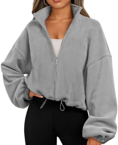 Famulily Leichtes kurzes Sweatshirt für Reisen Damen Solide Farbe Langarm Strickjacken Top Herbst Winter Outfits Grau L