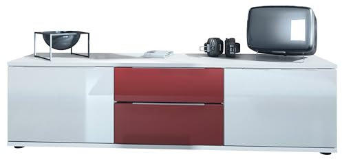 Vladon TV Lowboard Linio V1, Fernsehtisch mit 2 Türen und 2 Schubladen – Weiß/Bordeaux Hochglanz (138,5 x 37,5 x 35 cm)