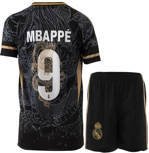 PraiseLight R. Madrid #9 Heim Schwarz Drache Limitierte Sonderedition Kinder Trikot mit Kurz, Fußball Geschenk Set Jugendgrößen (Schwarz, 140 (6-7 Jahre))