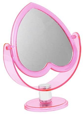 Baluue Miroir De Maquillage Double Face Forme Cœur Acrylique Stable avec Base Ronde Angle Miroir Décoratif De Bureau pour Maison Couleur Rose
