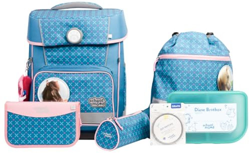 SCHOOL-MOOD Champion Pro Mila Pferd Schulranzenset 7-teilig 21,5L Stauraum, ergonomisches Easy Fit System für 1 m bis 1,50 m Körpergröße, standfest, wasserdichter Stoff mit Reflektoren