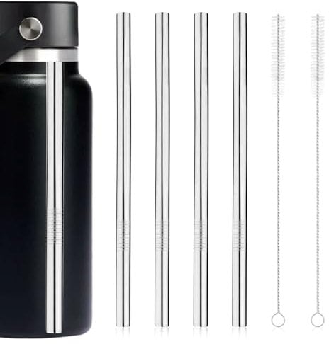 Gosknor 4pcs Metal Straw Replacement for Hydro Flask, Stainless Steel Straws with 2pcs Straw Brushes Water Bottle Accessories Compatible with Hydroflask Wide Mouth Bottle 32oz(Silver)
