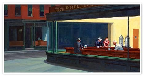 Edward Hopper Nighthawks Nachtschwärmer Poster 80 x 40 cm | Amerikanischer Realismus & urbane Nachtstimmung | Helles Großstadt-Diner mit Bar und einsamen Gästen