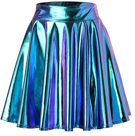 Damen Metallischer Faltenrock Mini Skater Rock Minirock kurz Tanz Retro Stretch Röcke Hohe Taille Glocken
