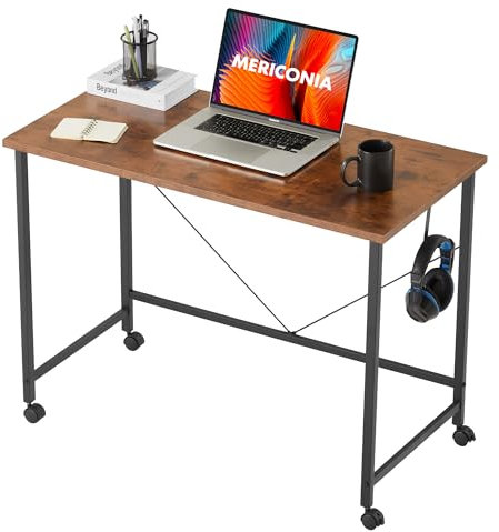 Mericonia 100 cm Computertisch mit Rollen, Gaming-Schreibtisch für kleine Räume, moderner Schreibtisch im schlichten Stil für das Homeoffice, Schreibtische für Studenten, Braun