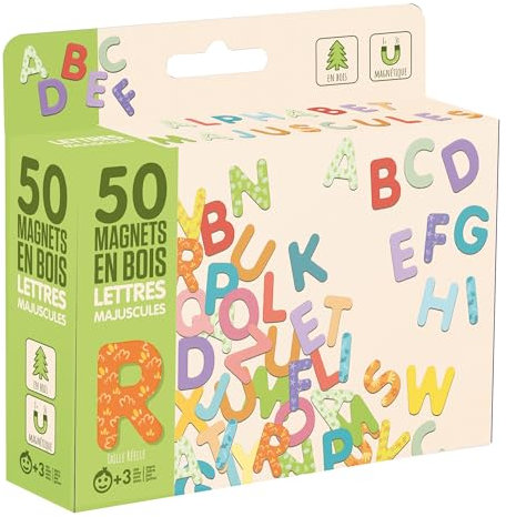 Jeujura - Holzmagnete 50 Großbuchstaben – zum Begleiten von Tafeln – Magnete aus Holz – mit der Beschriftung vertraut Machen – Kartonbox 17 x 15 x 4 cm – ab 3 Jahren – 8966