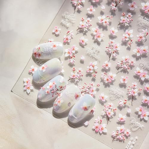 Zernblend 4 Pieces 5D Sakura Nail Art Stickers, Pink Floral Nail Stickers