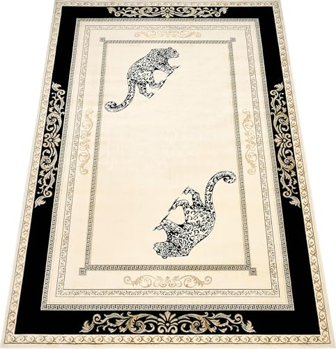 Belle Arti Teppich Wohnzimmer Schlafzimmer Esszimmer Wohnzimmerteppich Kurzflor in Schwarz Gold Tiermotiv Jaguar Muster - rutschfest, antiallergisch, 100% Viskose (100 x 140 cm, Rechteckig)