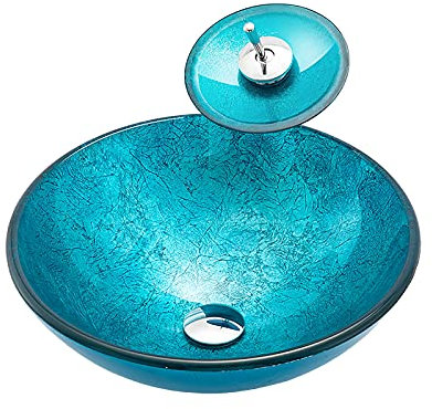 JYBNBBE Lavabo de baño de Cristal Templado, Redondo, Azul, sobre encimera, Lavabo artístico con Grifo Cascada.