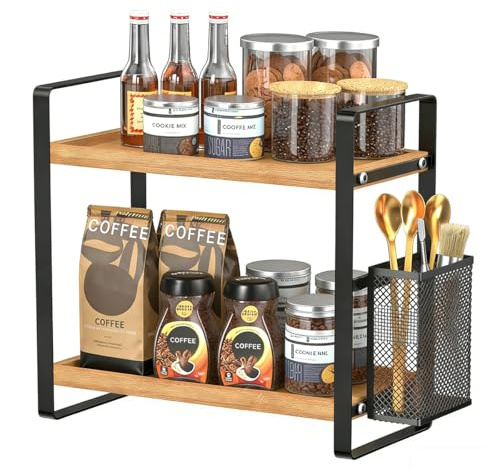 Harnidipa Versatile 2-Tier Kitchen Countertop Organizer, Good for Spices, Beverages, coffee cup, and More in Stylish Wood & Iron Frame