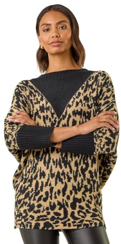 Roman Originals Animal Print Knit Jumper for Women UK - Ladies Everyday Autumn Winter Round Neckline Comfy Soft Evening Vacation Work Party Night Out