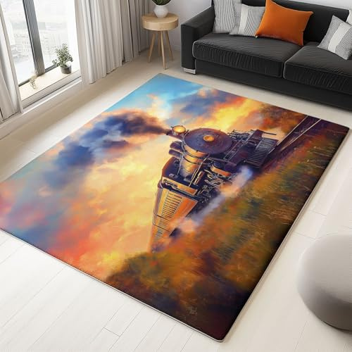 Generisch Mehrfarbig Waschbarer Teppich, Grösse80 X 150 cm, Ölgemälde Dampfzug Teppich Wohnzimmer, Allergikerfreundlich, Weich rutschfest Carpet, Rug Für Flur, Kinderzimmer, Schlafzimmer, Büro