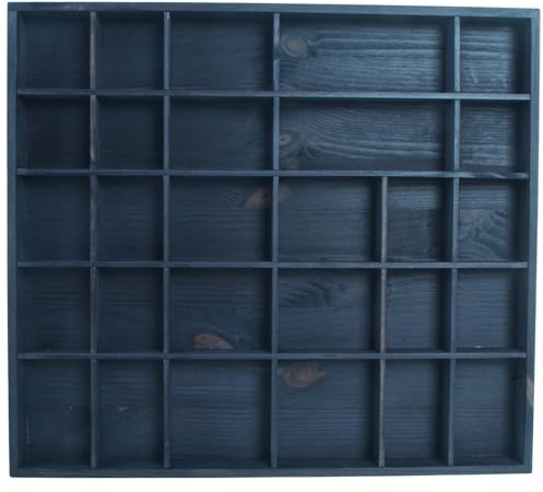 WooDeeDoo Wooden 28 Compartments Display Trinkets Shelf - Hand-Stained - Dark Grey - Matt - Wall Shadow Accessories Box Crystals Thimble Minerals Rack Shallow Tray - 45 x 40 x 3.5 cm