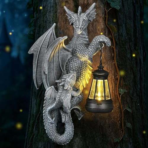 Graue Drachenfigur mit Solar‑LED‑Licht, Baumstamm‑Deko für Hof & Gartenzaun | Lustige wetterfeste Drachendeko mit Solarlicht für den Außenbereich