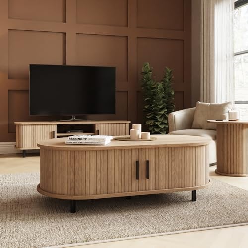 GFW Omari Coffee Table with Hidden Storage & Slatted Doors, Oak Effect Oval Centre Table with Metal Legs for Living Room
