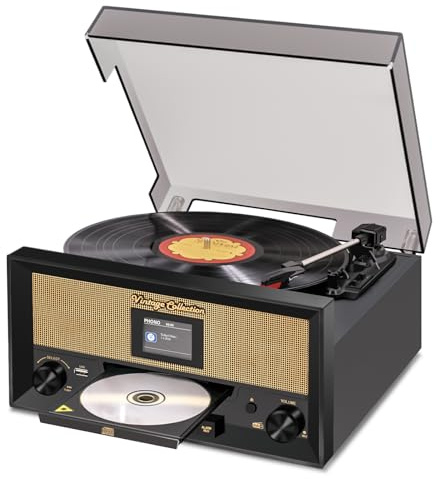 CD and Vinyl Player Bluetooth Record Player for Home Decor Music Center | 9-in-1 Multifunction CD Player, Turntable, FM & DAB Radio, USB Playback/Recording, AUX in, RCA Line Out & Headphone Jack