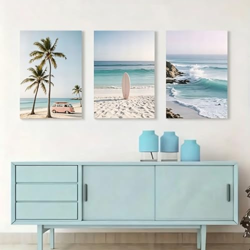 3er Set Landschaft mit Strandpflanzen Poster,Natur-Wanddekoration,Strand Ozean Palme Tropische Surfbrett Sommer Dekor Vintage Summer Aesthetic Hawaii Poster Strand Bilder,Ohne Rahmen (40*50cm)