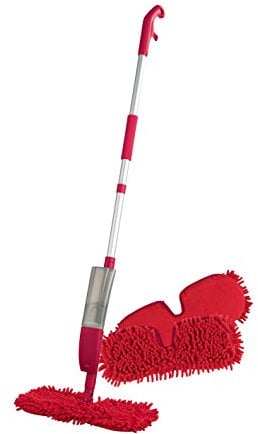 CLEANmaxx Spray-Mopp | Praktischer Wende-Mopp zur Nass- und Trockenreinigung | Integrierte Sprühfunktion für komfortables Putzen ohne Eimer | Inklusive Ersatz-Wischtuch 2er-Set [Rot]