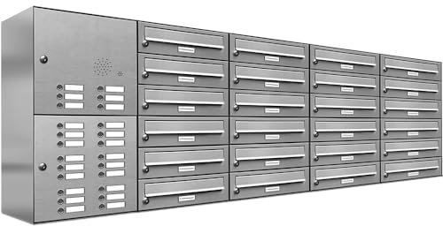 AL Briefkastensysteme 24er Briefkastenanlage mit Klingel, V2A Edelstahl, Premium Briefkasten DIN A4, 24 Fach Postkasten modern Aufputz