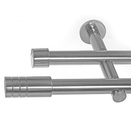 BASIT Gardinenstange 2 läufig 140cm lang Edelstahl Look I Gardinenstange doppelläufig Wandmontage Ø19mm mit Zylinder I In 120-600cm verfügbar H29