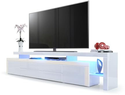 Vladon TV Board Lowboard Leon V3, Made in Germany, Korpus und Überbau in Weiß Hochglanz/Front in Weiß Hochglanz mit Rahmen in Creme Hochglanz inkl. LED Beleuchtung (227 x 52 x 35 cm)