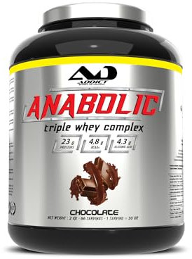 Addict sport nutrition - Anabolic triple whey - Protéine de lactosérum concentrée, isolée et hydrolysée - Protéine pure - BCAA - Glutamine - Croissance musculaire et récupération - 2kg - Chocolat