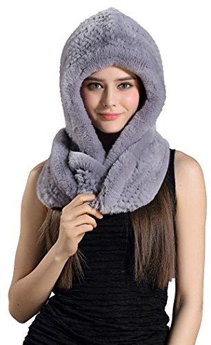 BeFur Dicke Flauschige Fellmütze Echte Rex Kaninchen Fell Schal Stricke Kapuze Kapuzenschal- color 4