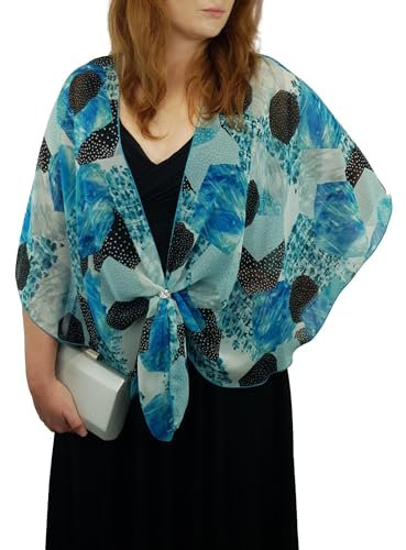 eXcaped Womens Shawl Wrap Sheer Chiffon Cape and Silver Scarf Ring Set-Turquoise