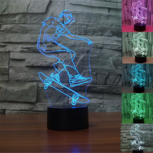 KINGCOO 3D Optical Illusion Lampe LED Nachtlichter, 7 Farben ändern Touch LED Lampe Romantische Atmosphäre für Haus Dekoration Hochzeit Geburtstag Weihnachten Valentine Geschenk (Skateboard Junge)