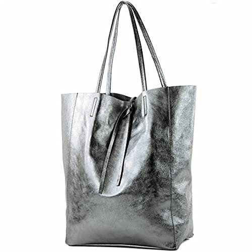 modamoda de T163 Damen Leder Shopper Schultertasche Large mit Innentasche handmade in Italy, Farbe:Anthrazit-Metallic