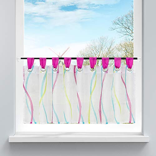 HongYa Scheibengardine Transparenter Voile Bistrogardine mit Schlaufen Wellen Muster H/B 30/90 cm Bunt Pink