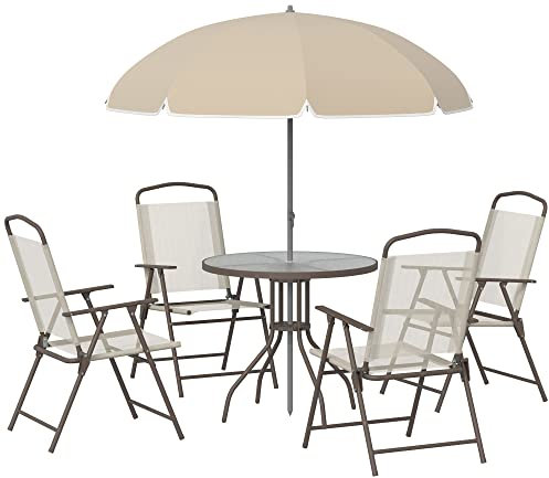 Outsunny Conjunto de Muebles para Jardín con 4 Sillas 1 Mesa y 1 Parasol Texteline Aluminio y Poliéster Beige