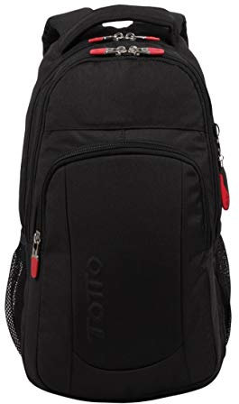 TOTTO - Mochila para Tablet o Portátil de 10 Pulgadas, Modelo Tamulo, Mochila Pequeña, 3 Compartimentos, 2 Bolsillos para Botella, Espaldar Ergonómico, Color Negro, 40 x 28 x 12 cm