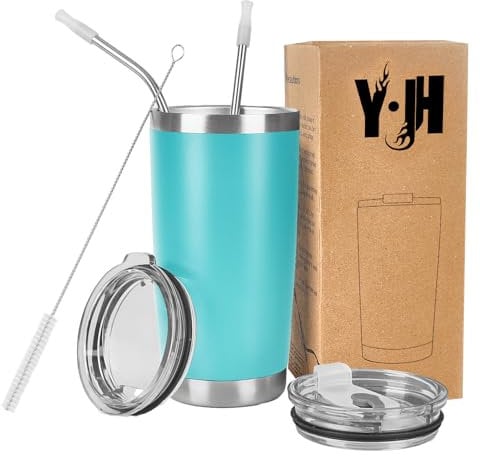 Y·J&H 20oz (550ml) Doppelwandig Vakuum Isolierter Autobecher, Edelstahl Reiseflasche, Thermobecher Kaffee to Go mit 2 Spritzfestem Deckel 2 Strohhalm, Rohrbürste,BPA Free - Türkis